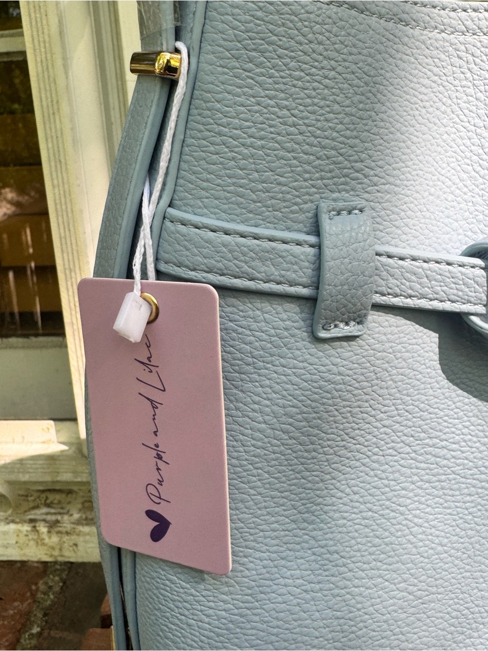 Ello Ice Blue Vegan Leather Bucket Shoulder Bag w/ Belt Detail & Pouch - Picture 7 of 17